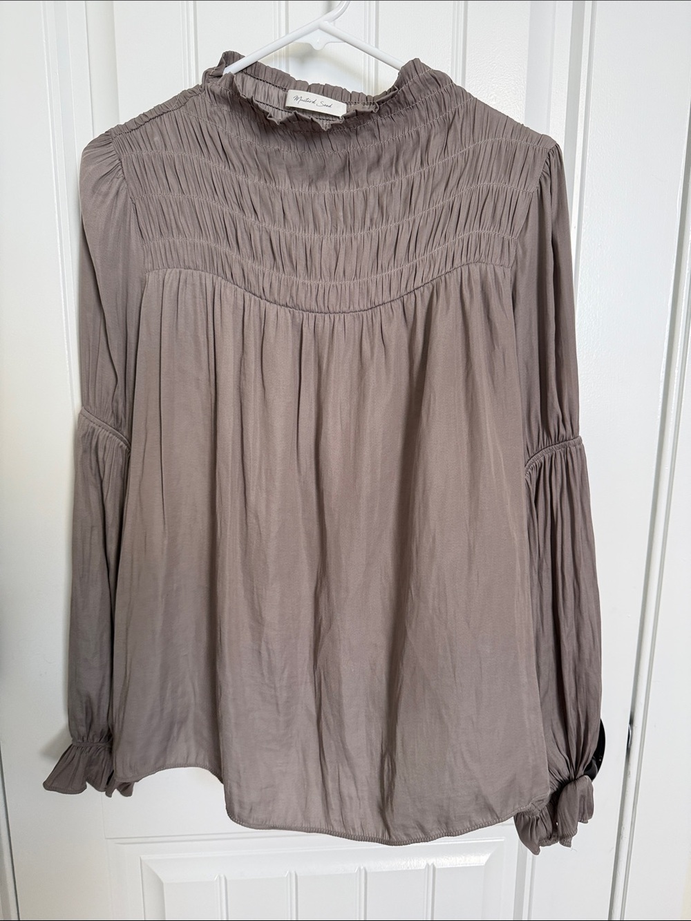 Smocked High-Neck Long Sleeve Women's Top - Taupe